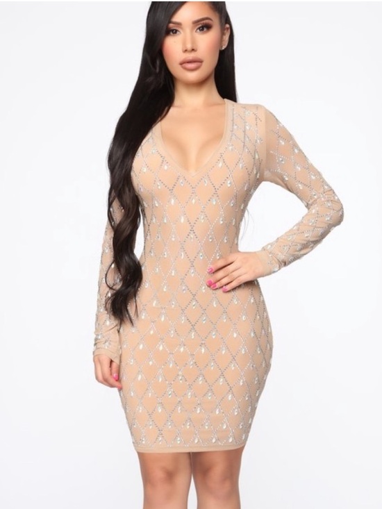 Fashion Nova Dresses & Skirts - Fashion Nova dramatic effect rhinestone mini dress Champagne size 1x